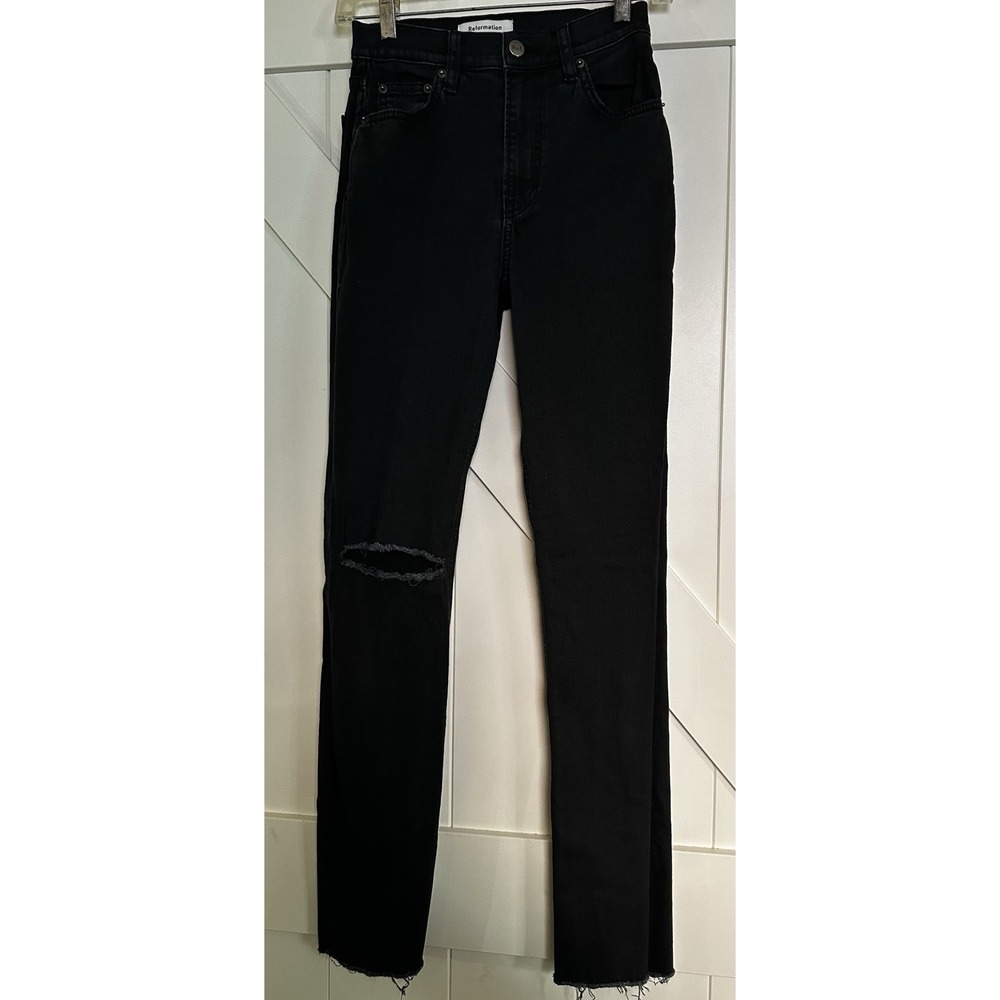 Reformation Slim Jeans Straight Leg Frayed Hem Distressed Black Size O